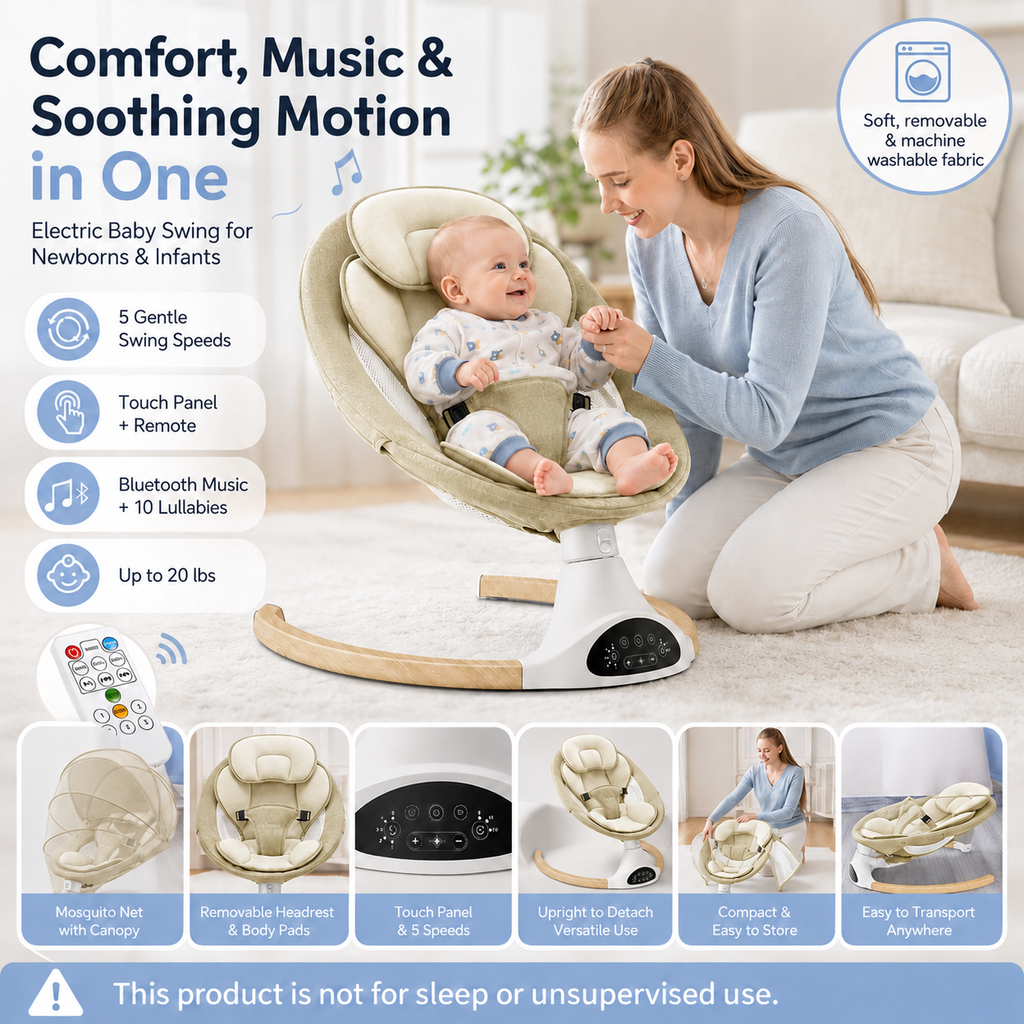 Electric Baby Swing with 5 Speeds, Bluetooth Music, Remote Control & Timer