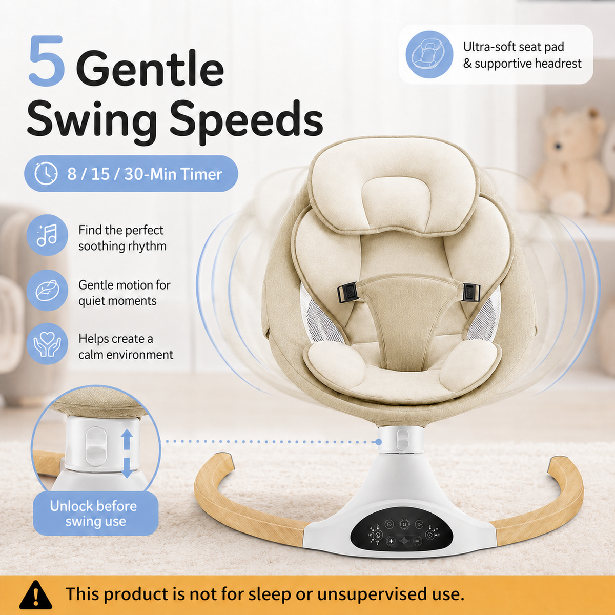 Electric Baby Swing with 5 Speeds, Bluetooth Music, Remote Control & Timer