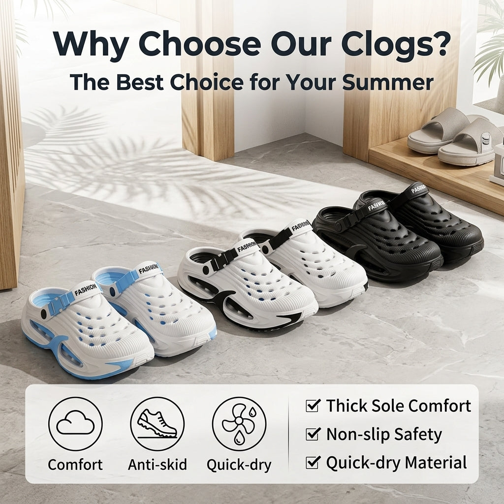 Lightweight Comfort Clogs – Ergonomic Thick Sole Anti-Slip Quick-Dry Slip-On Shoes for Indoor & Outdoor Wear