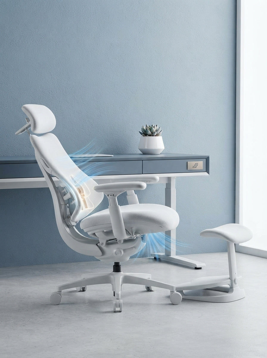 A 5-position reclining ergonomic chair with breathable cooling mesh fabric and adaptive lumbar support in a modern home offic